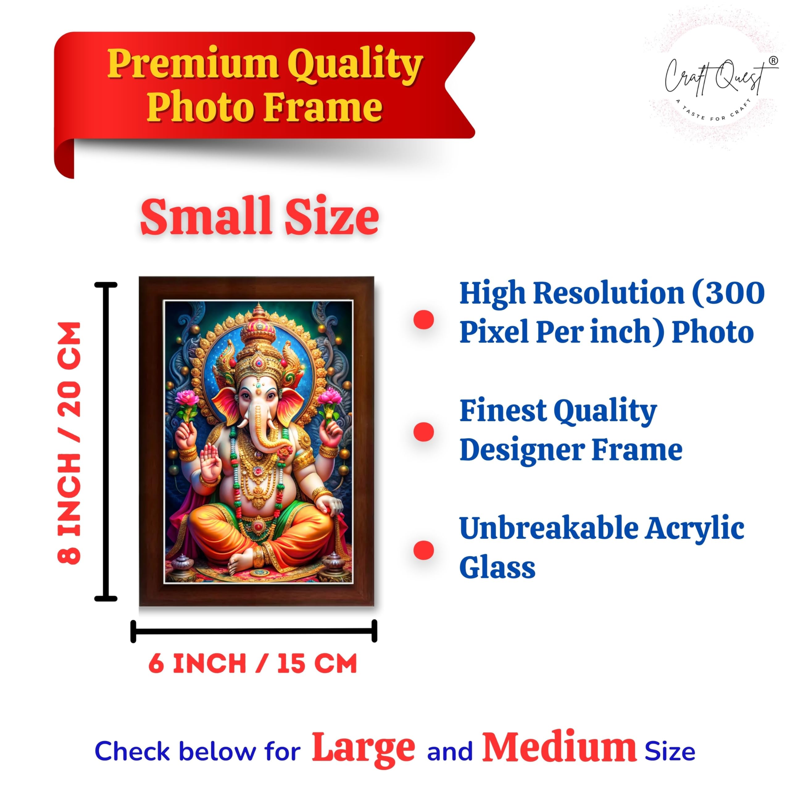 CRAFT QUEST Laminated God Ganpati ji Photo Frame Wall Decor Mandir Pooja Poster Religious Painting Divine Hindu Temple Decoration Spiritual Blessings Home Office Gift