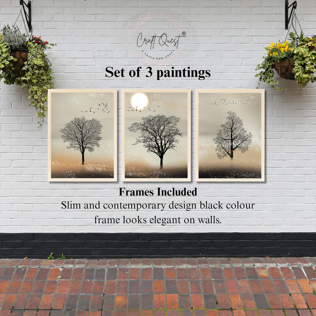CRAFT QUEST Nature Inspired Landscape With Black Trees Modern Wall Art | Set of 3 Frames for Home Decoration | Ideal for Living Room, Bedroom & Office