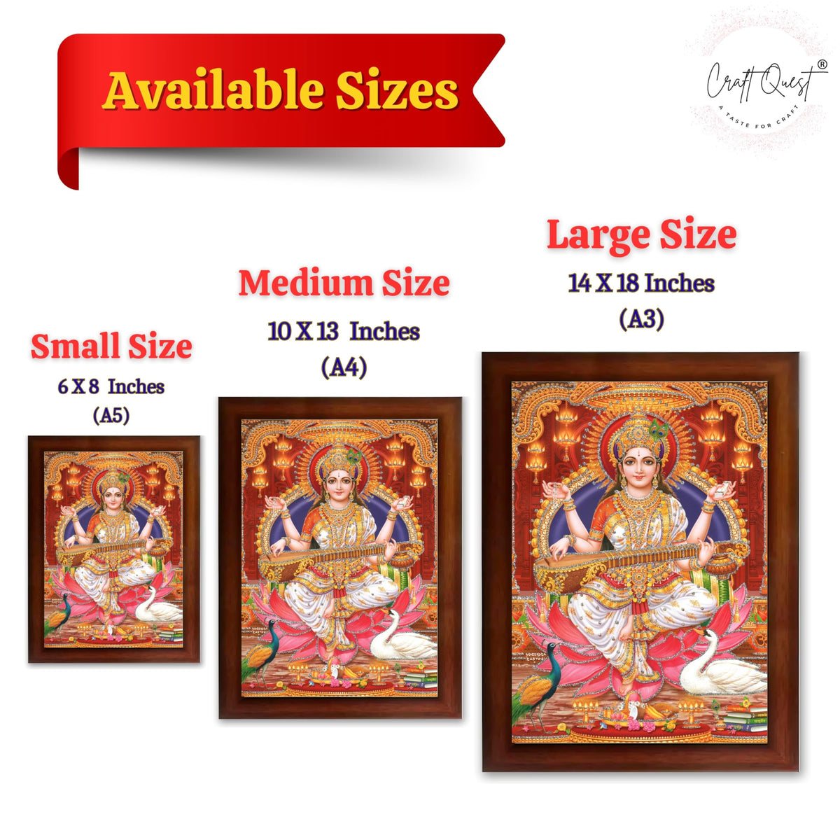 CRAFT QUEST Saraswati Devi Goddess Saraswati Maa Wall Painting Framed Home Decor wooden framed