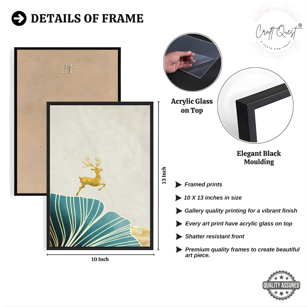 CRAFT QUEST Modern Art Landscape Of Golden Tree & Deer Wall Art | Set of 3 Frames for Home Decoration | Ideal for Living Room, Bedroom & Offices