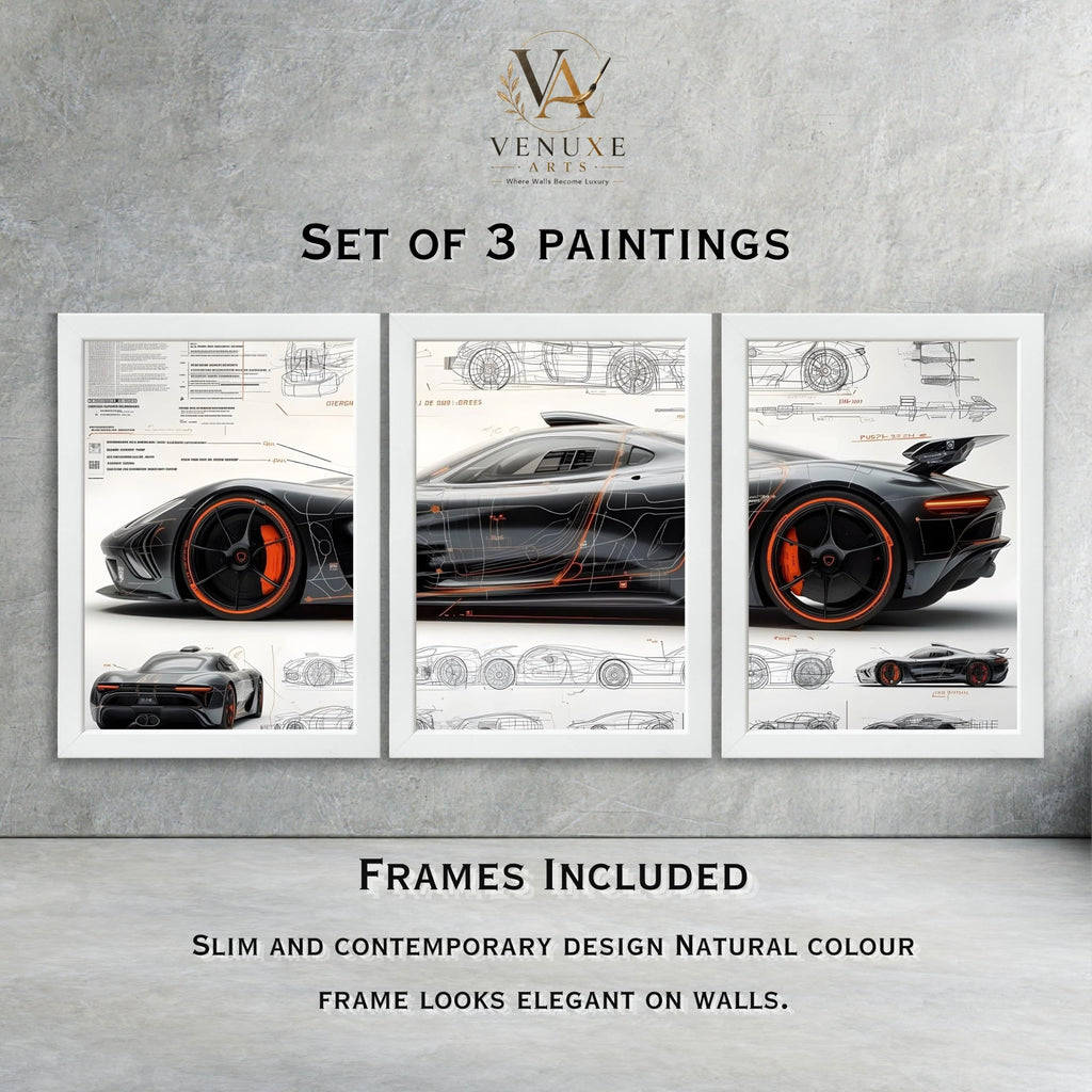 VENUXE ARTS Set Of 3 Big Sports Cars Framed Posters Gift Items for Boys Room Wall Decoration Bedroom Living Room Office Studio Décor | Car Poster Frame for Wall Décor