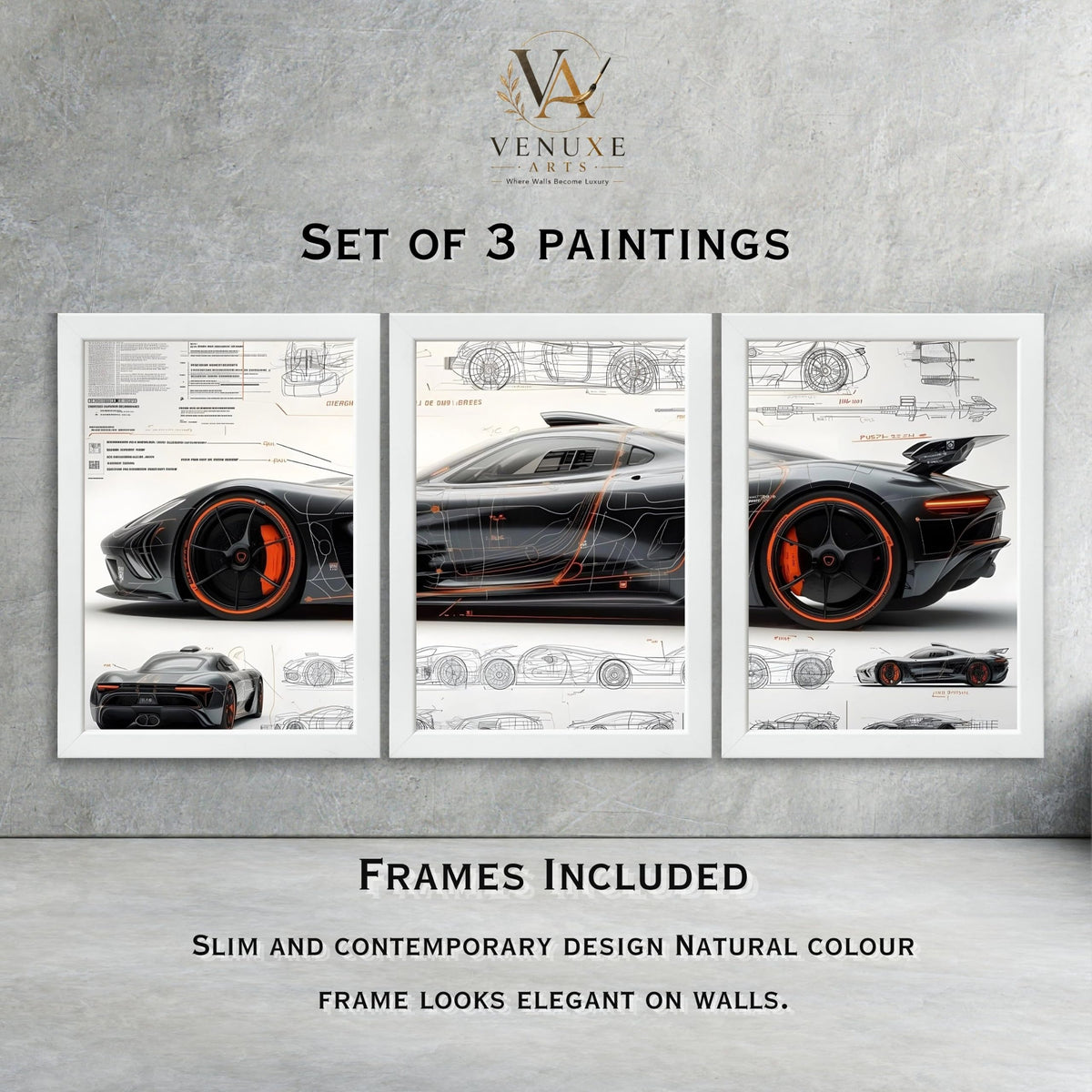 VENUXE ARTS Set Of 3 Big Sports Cars Framed Posters Gift Items for Boys Room Wall Decoration Bedroom Living Room Office Studio Décor | Car Poster Frame for Wall Décor