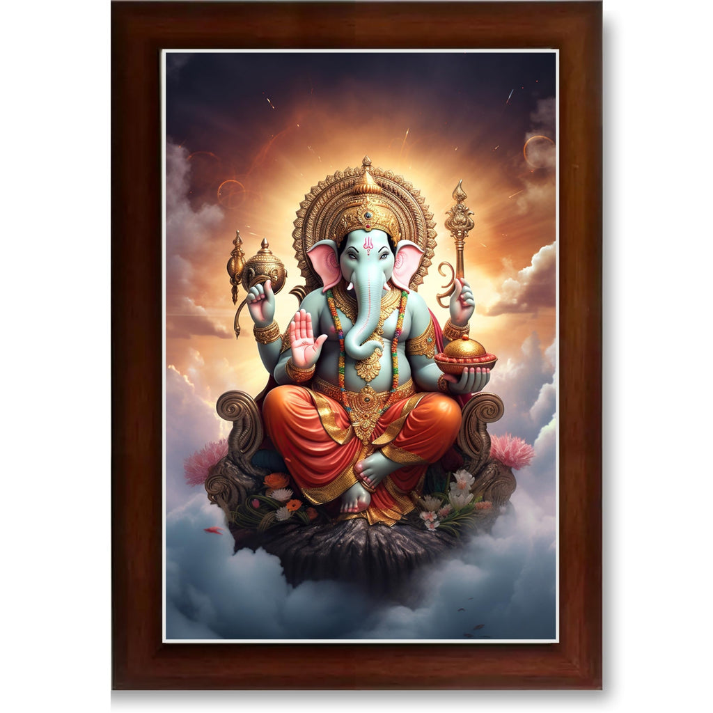 CRAFT QUEST God Ganesha Ganpati ji Photo Frame Wall Decor Mandir Pooja Poster Religious Painting Divine Hindu Temple Decoration Spiritual Blessings Home Office Gift