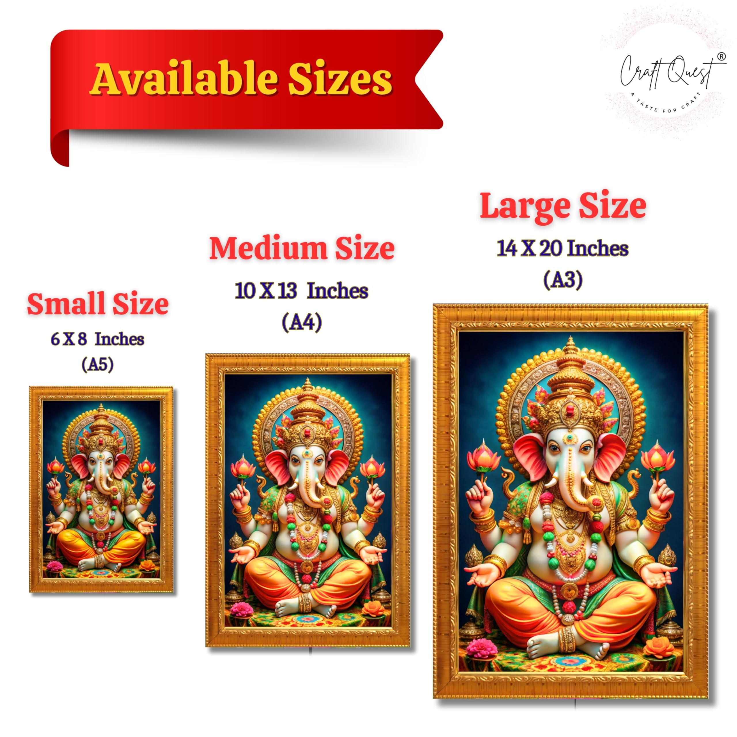 CRAFT QUEST Lord Ganpati Ji Laminated God Photo Frame Wall Decor Mandir Pooja Poster Religious Painting Divine Hindu Temple Decoration Spiritual Blessings Home Office Gift