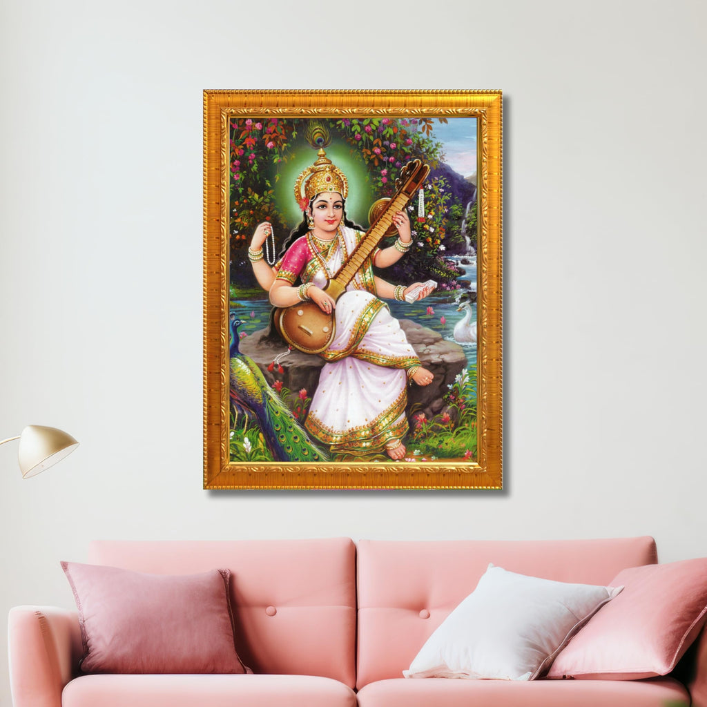 CRAFT QUEST Saraswati Devi Goddess Saraswathi Maa Wall Painting Framed Home Décor Synthetic wooden Framed