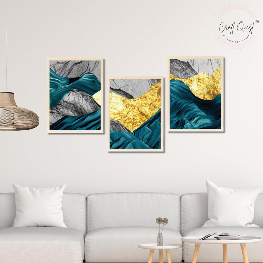 CRAFT QUEST Modern Art Abstract Golden Fashion Wall Art | Set of 3 Frames for Home Decoration | Ideal for Living Room, Bedroom & Offices