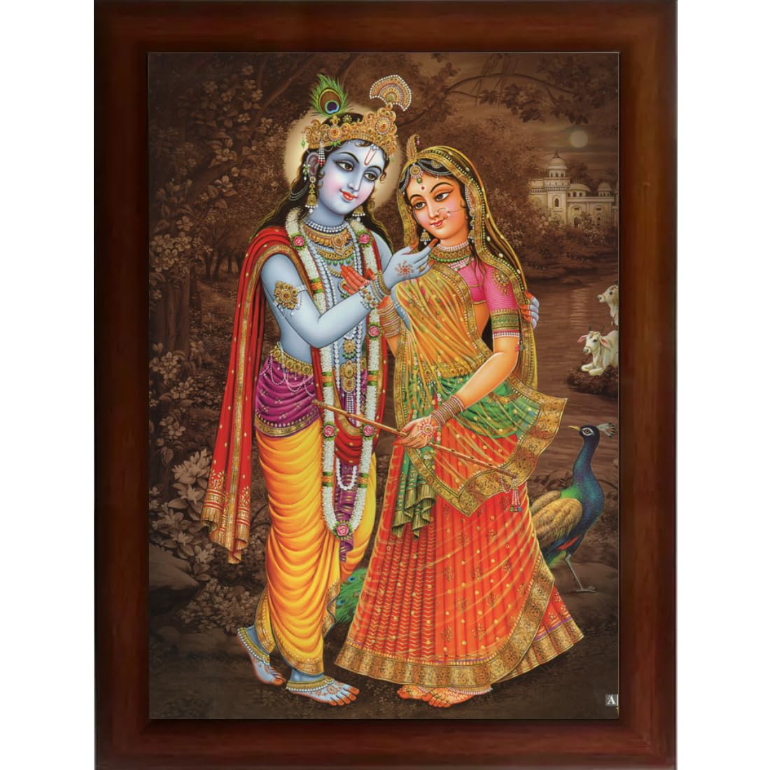 Craft Quest Radha Krishna Sparkle Coated Home Decorative Gift Item Framed Painting (10 X 14 Inches, Brown) RK1013-119