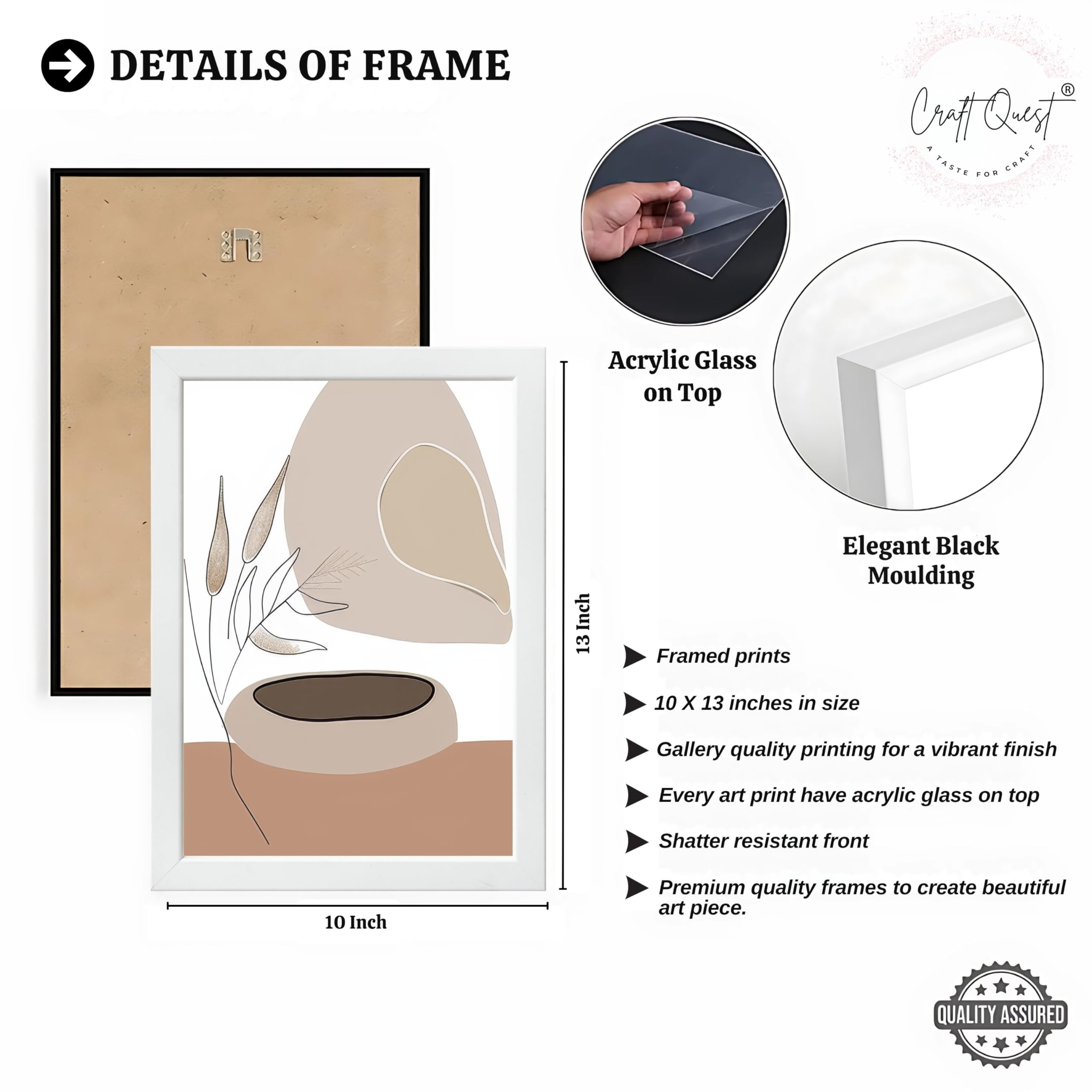 CRAFT QUEST Modern Art White Wall Abstract Wall Art | Set of 3 Frames for Home Decoration | Ideal for Living Room, Bedroom & Offices