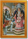 CRAFT QUEST Shiva & Maa Annapurna devi sitting on throne photo frame with Laminated Poster for Kitchen Worship (6 X 8 Inches, Golden)