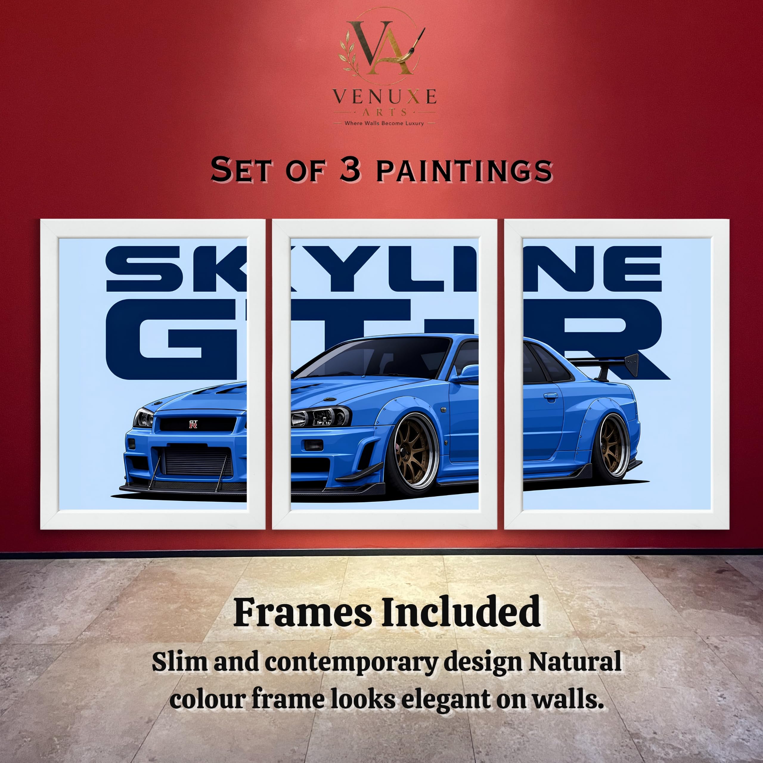 VENUXE ARTS Set Of 3 Big Sports Cars Framed Posters Gift Items for Boys Room Wall Decoration Bedroom Living Room Office Studio Décor | Car Poster Frame for Wall Décor