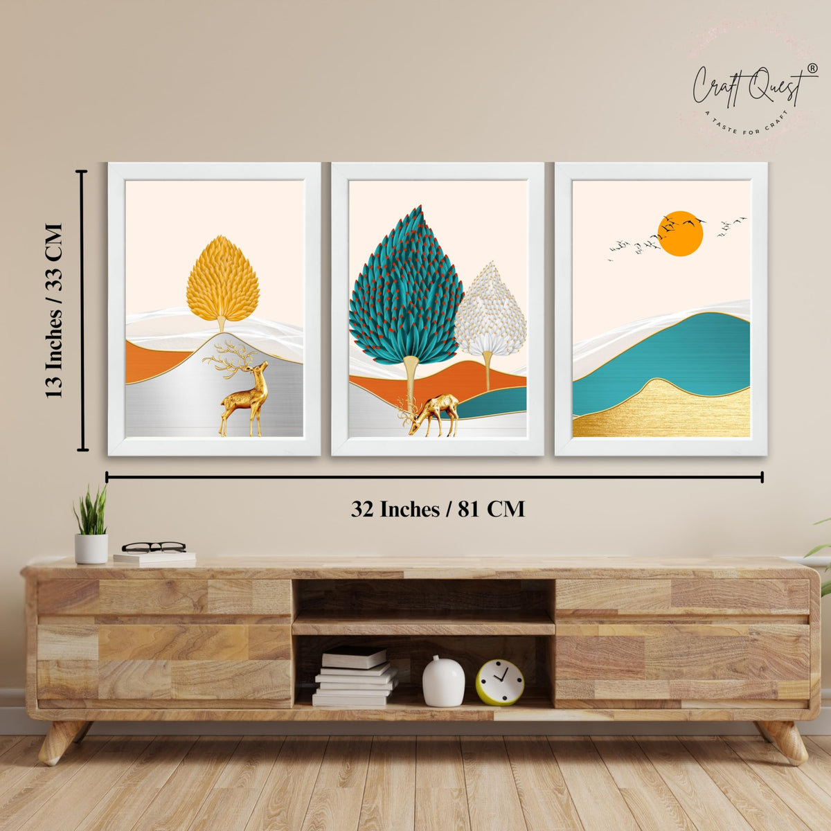 CRAFT QUEST Modern Art Landscapes Sanlian Adornment Abstract Wall Art | Set of 3 Frames for Home Decoration | Ideal for Living Room, Bedroom & Offices