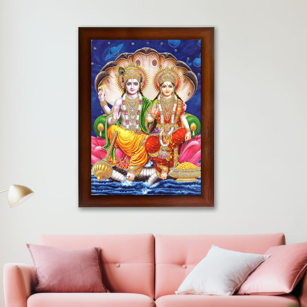 CRAFT QUEST Lord Vishnu and Goddess Lakshmi Giving Blessing on Shesh naag, Glitter Work Painting Synthetic Wood Frame