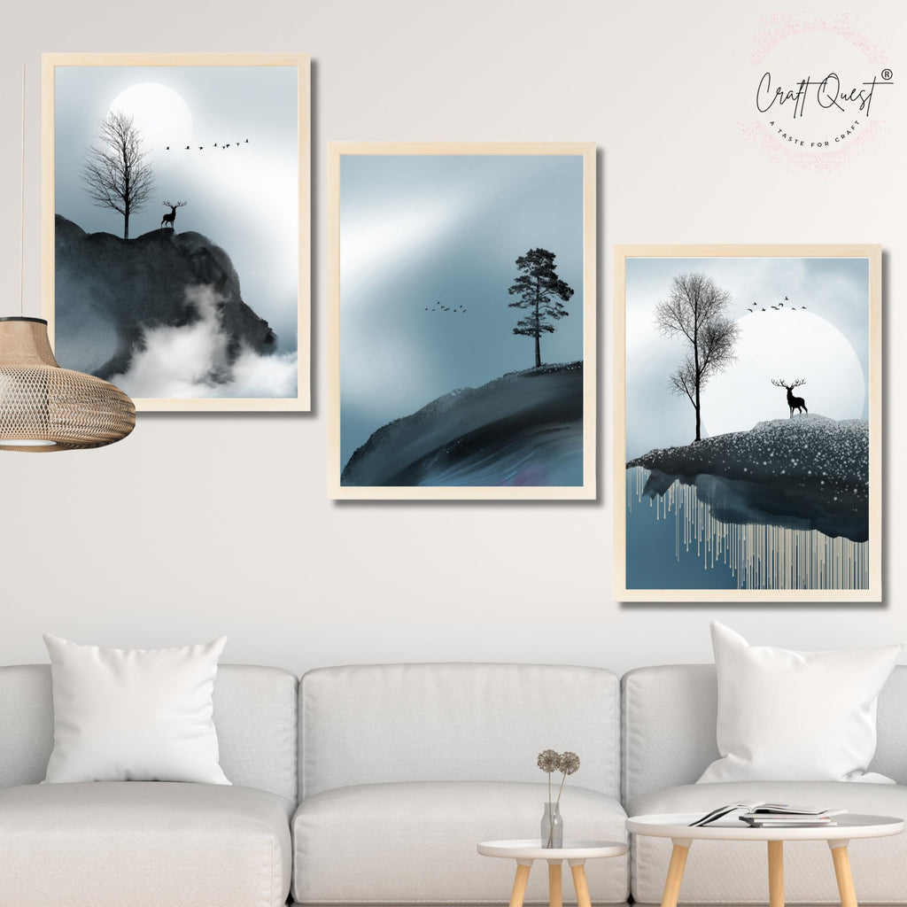 CRAFT QUEST Modern Art Geometric Ink Abstract Wall Art | Set of 3 Frames for Home Decoration | Ideal for Living Room, Bedroom & Offices