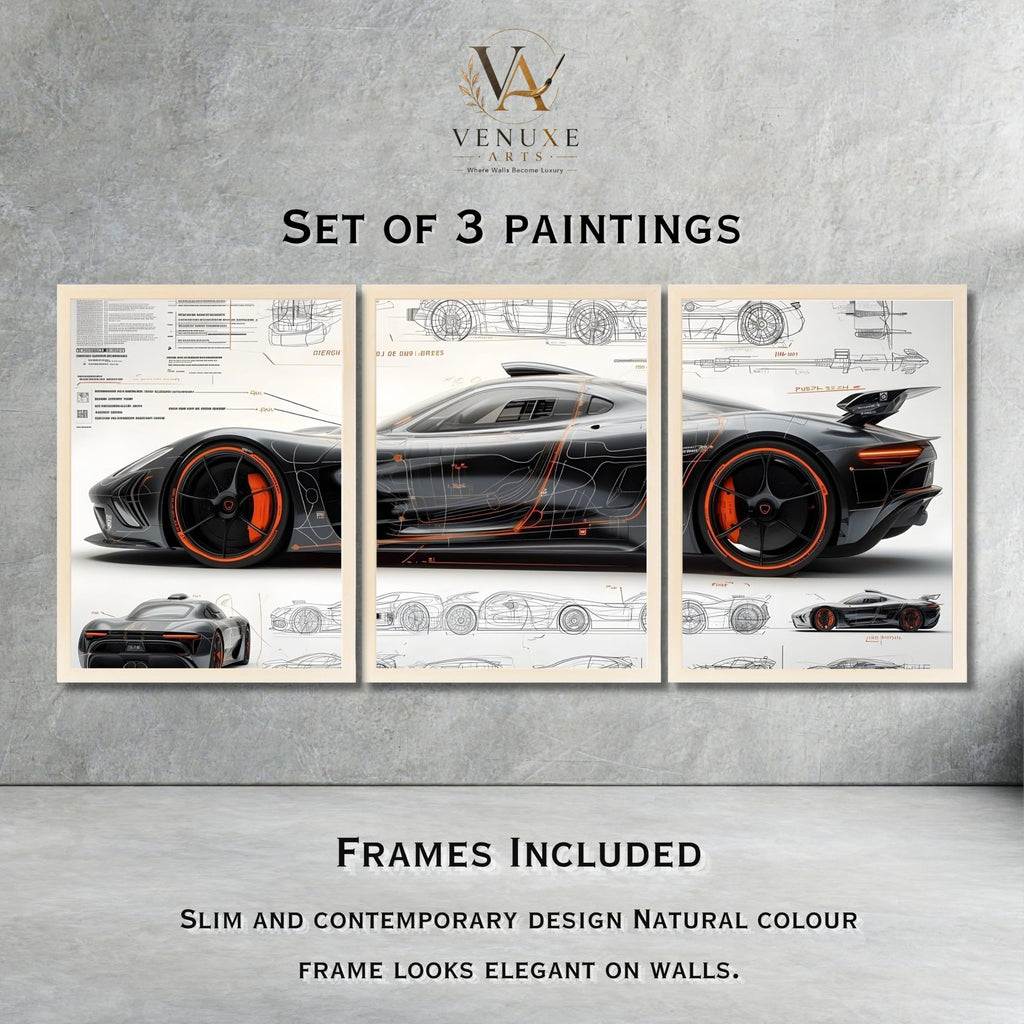 VENUXE ARTS Set Of 3 Big Sports Cars Framed Posters Gift Items for Boys Room Wall Decoration Bedroom Living Room Office Studio Décor | Car Poster Frame for Wall Décor