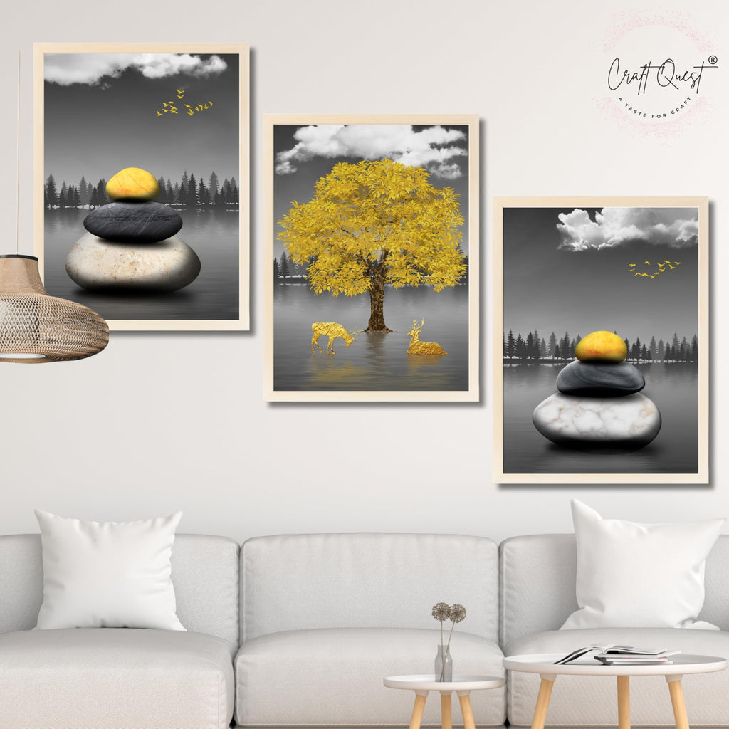 CRAFT QUEST Modern Art Geometric Landscapes Wall Art | Set of 3 Frames for Home Decoration | Ideal for Living Room, Bedroom & Offices