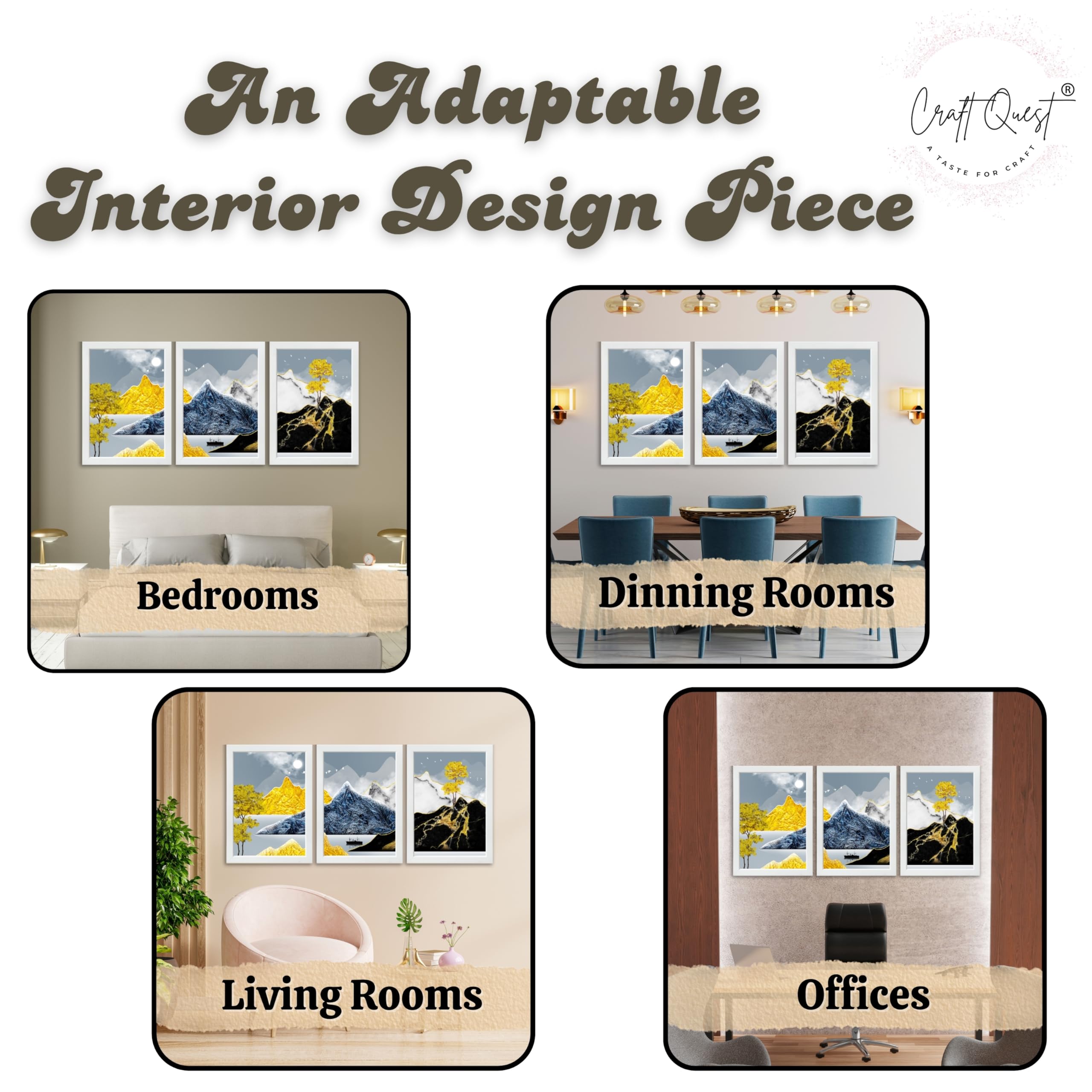 CRAFT QUEST Modern Art Abstract Ink Landscape Wall Art | Set of 3 Frames for Home Decoration | Ideal for Living Room, Bedroom & Offices