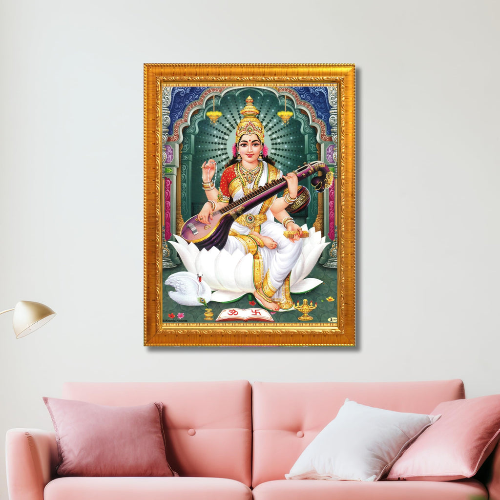 CRAFT QUEST Saraswati Devi Goddess Saraswathi Maa Wall Painting Sparkle Coated Framed Home Décor Synthetic wood