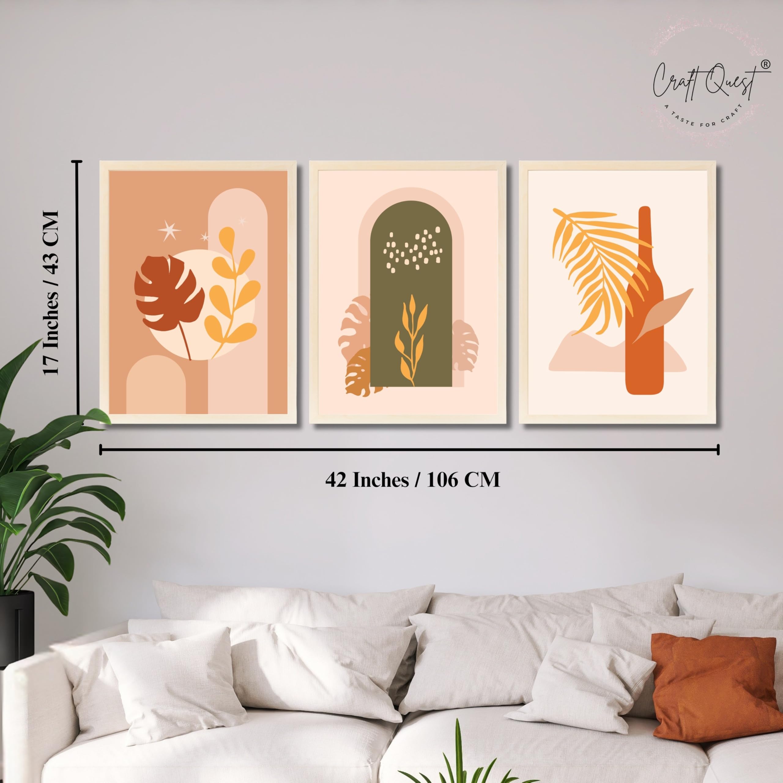 CRAFT QUEST Wall Art Decor Paintings | Set of 3 BOHO Wall Art Frames for Home Decoration | Ideal for Living Room, Offices & Bedrooms