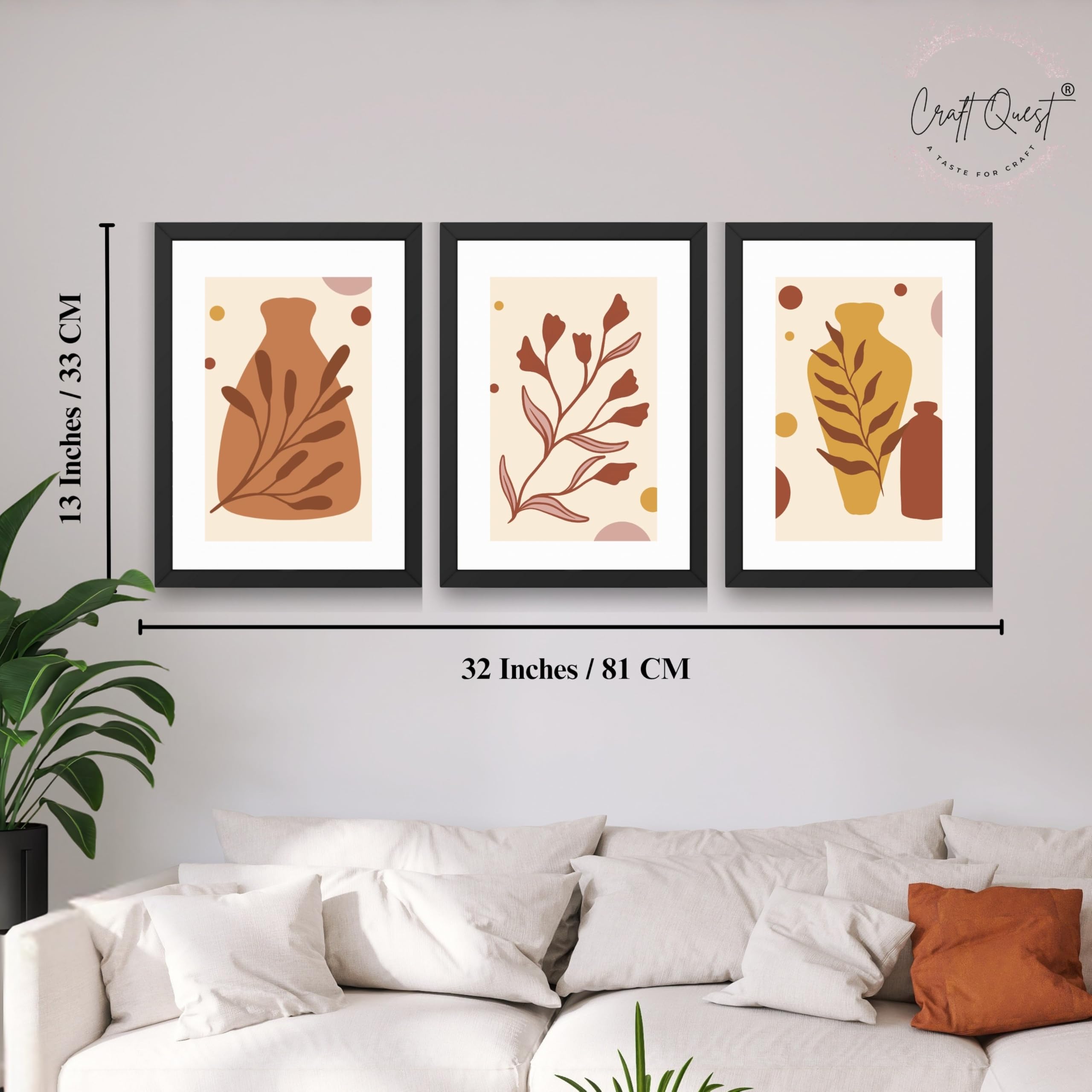 CRAFT QUEST Wall Art Decor Paintings | Set of 3 BOHO Wall Art Frames for Home Decoratio | Ideal for Living Room, Office & Bedrooms