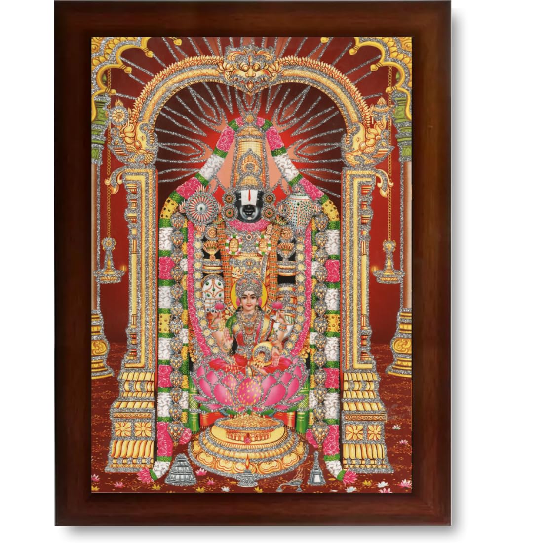 CRAFT QUEST Tirupati Balaji Lord Venkateshwara Swamy with Lakshmi ji Wall Painting Framed Home Decor (Wood,Matte,Brown,Big Size,10 X 14 Inches)
