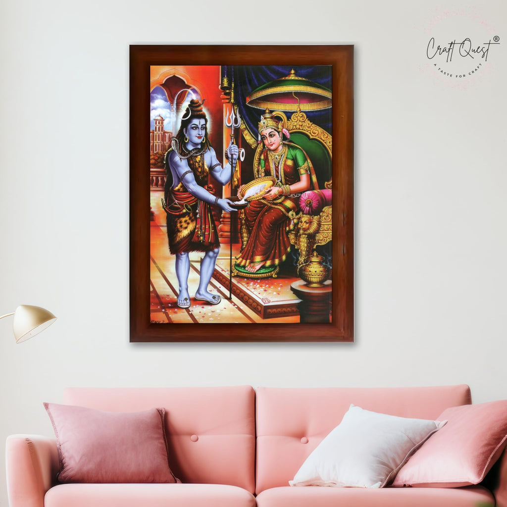 CRAFT QUEST Shiva & Maa Annapurna devi sitting on throne photo frame with Acrylic Glass for Kitchen, Food & Prosperity Blessing Hindu Wall Decor