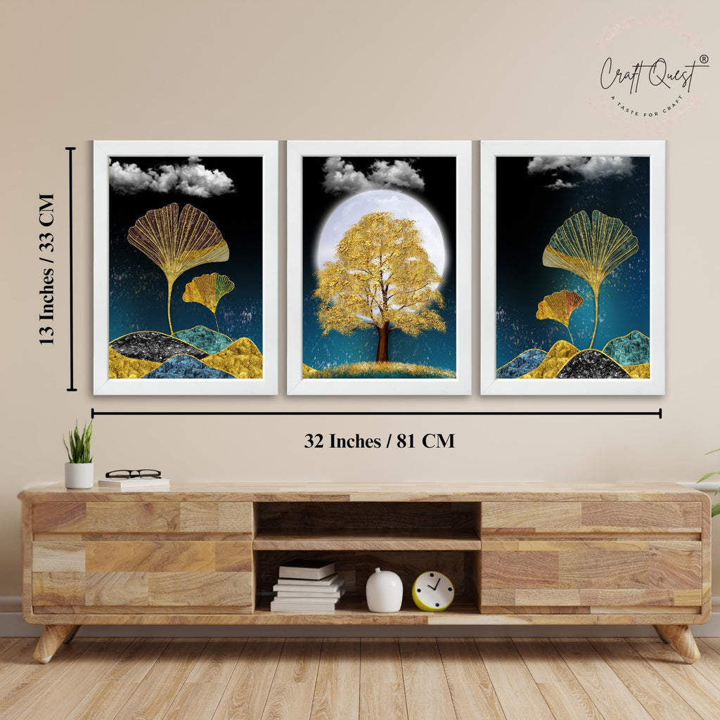 CRAFT QUEST Modern Art Mural With Golden Christmas Trees Wall Art | Set of 3 Frames for Home Decoration | Ideal for Living Room, Bedroom & Offices