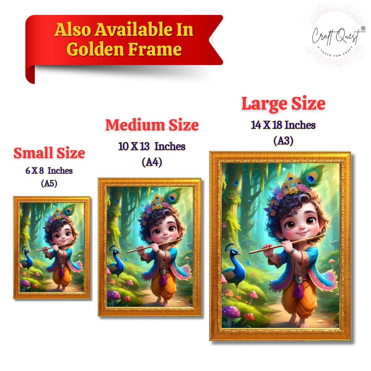 CRAFT QUEST Cute Little Krishna Frame | Bal Gopal HD Painting | Home Temple, Office Desk, Wall Décor Item
