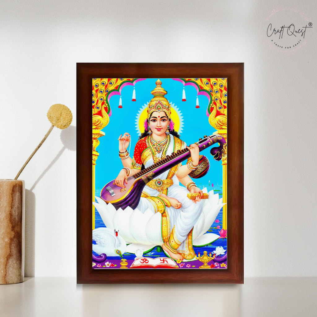 CRAFT QUEST Saraswati Devi Goddess Saraswathi Maa Wall Painting Sparkle Coated Framed Home Décor Synthetic wood Frame