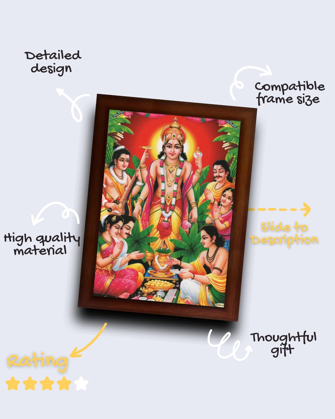CRAFT QUEST Lord Satyanarayana Swamy Bhagwan Satyanarayan Wall Painting Framed Home Decor (Wood, Matte Finish, Brown Frame, 10 X 13 Inch)