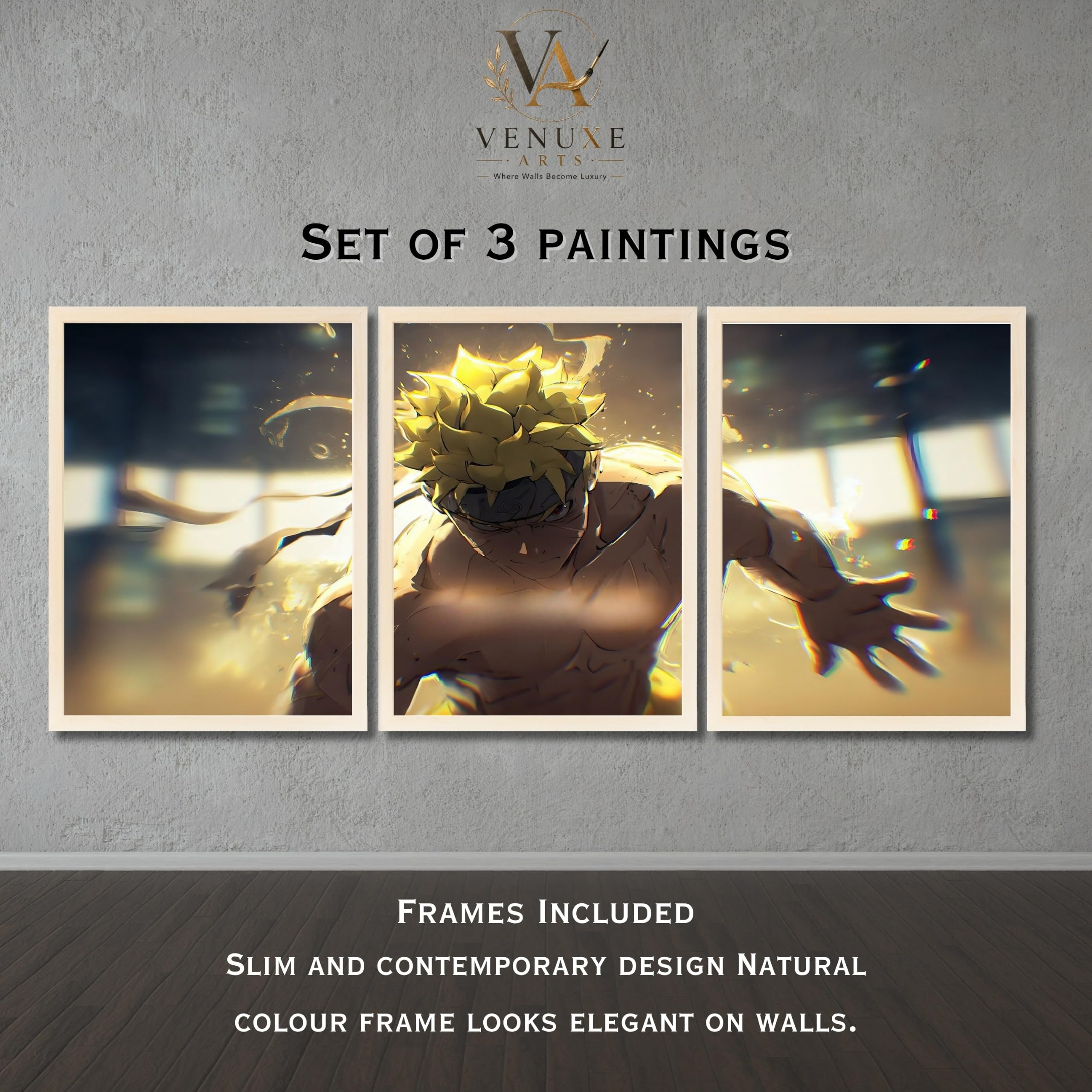 VENUXE ARTS Set Of 3 Anime Characters Wall Framed |Anime Characters Framed Poster for Living Room Bedroom Gaming Room Studio Wall Decor