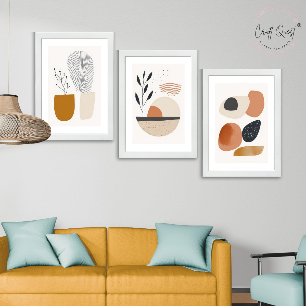 CRAFT QUEST Contemporary Organic Abstract Wall Art | Set of 3 Frames for Home Decoration | Ideal for Living Room, Bedroom & Offices