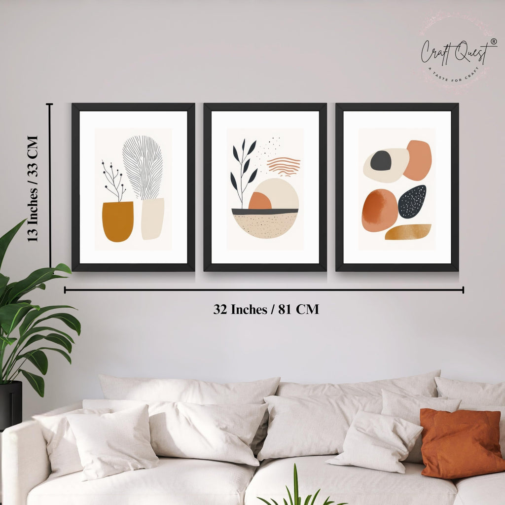 CRAFT QUEST Contemporary Organic Abstract Wall Art | Set of 3 Frames for Home Decoration | Ideal for Living Room, Bedroom & Offices