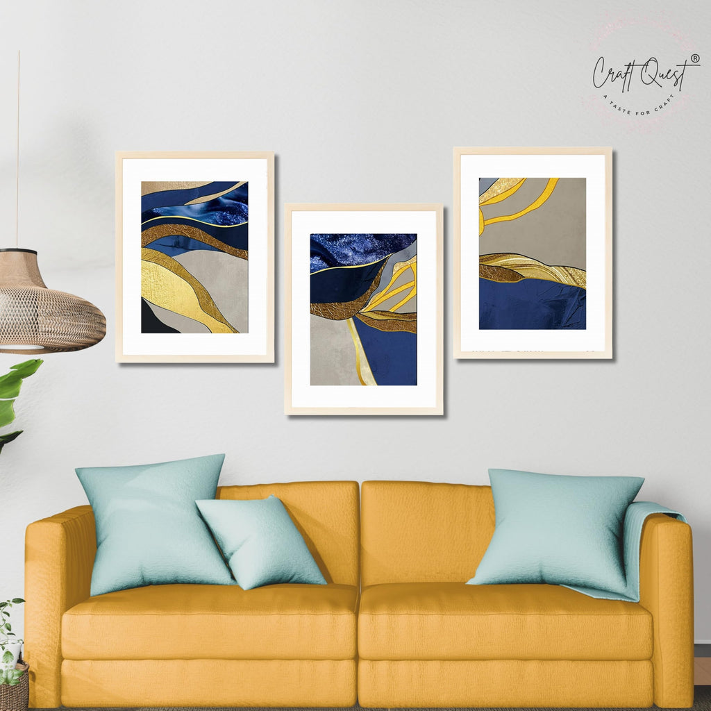 CRAFT QUEST Abstract Blue & Gold Artwork | Set of 3 Frames for Home Decoration | Ideal for Living Room, Bedroom & Offices