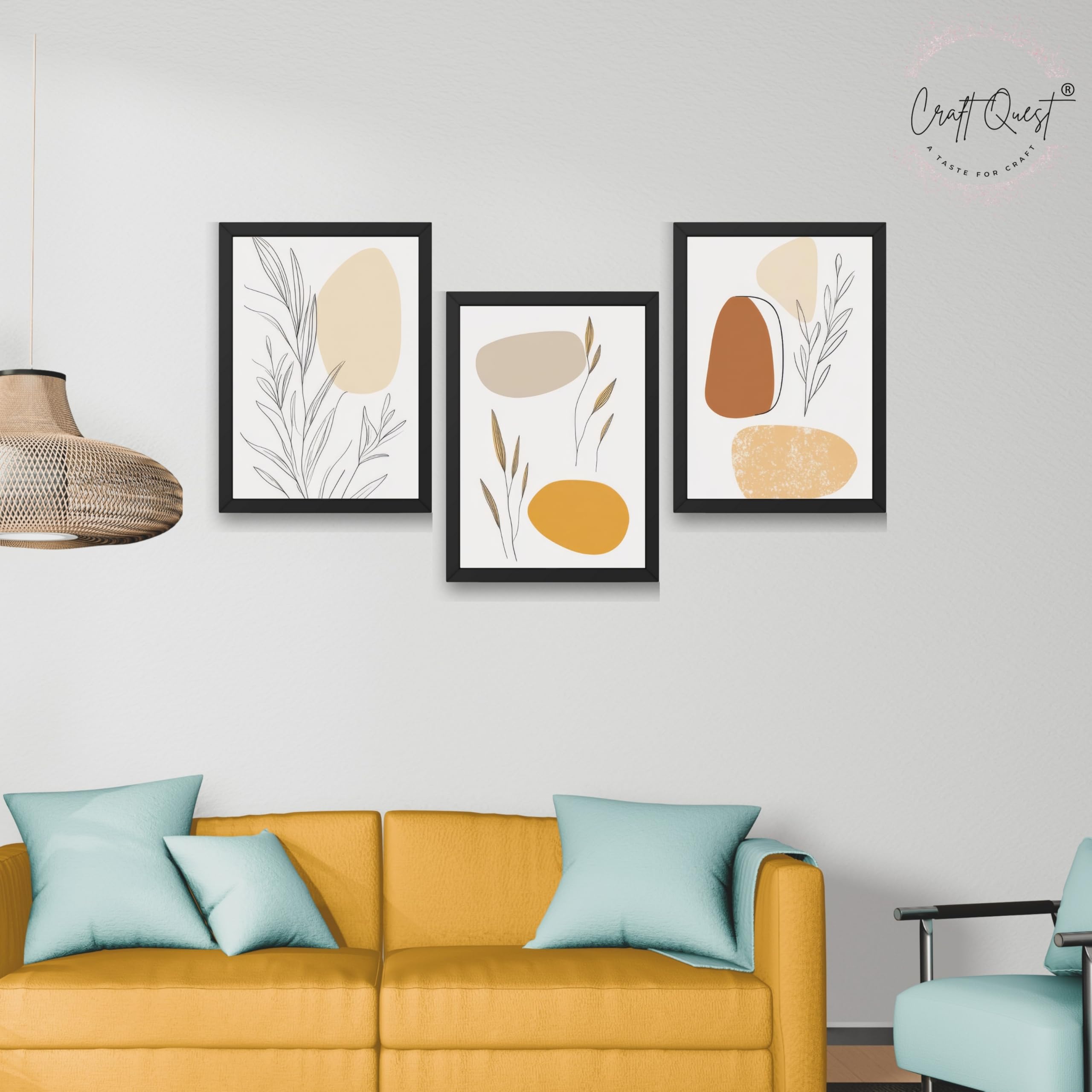 CRAFT QUEST Organic Abstract Wall Art Modern Art | Set of 3 Frames for Home Decoration | Ideal for Living Room, Bedroom & Offices