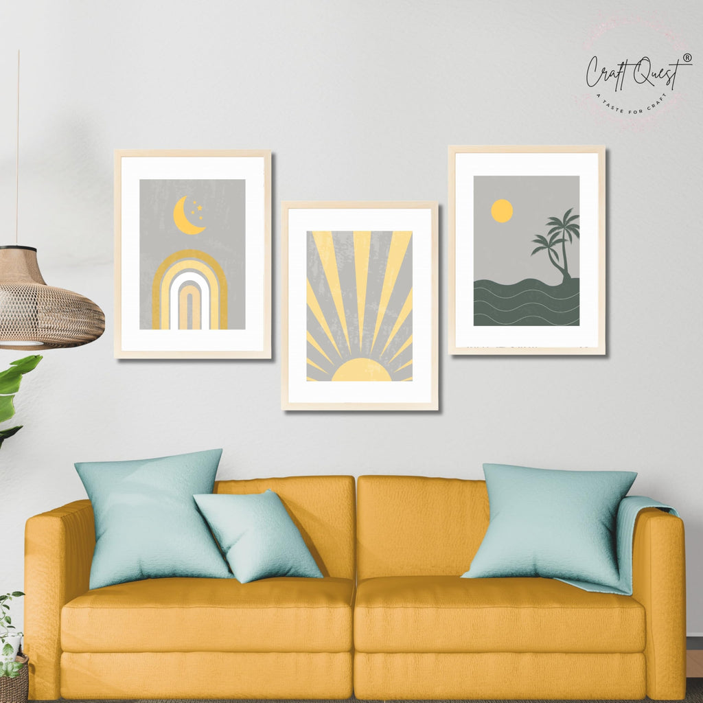 CRAFT QUEST Wall Art Decor Paintings | Set of 3 BOHO Wall Art Frames for Home Decoration | Ideal for Living Room, Bedroom & Offices