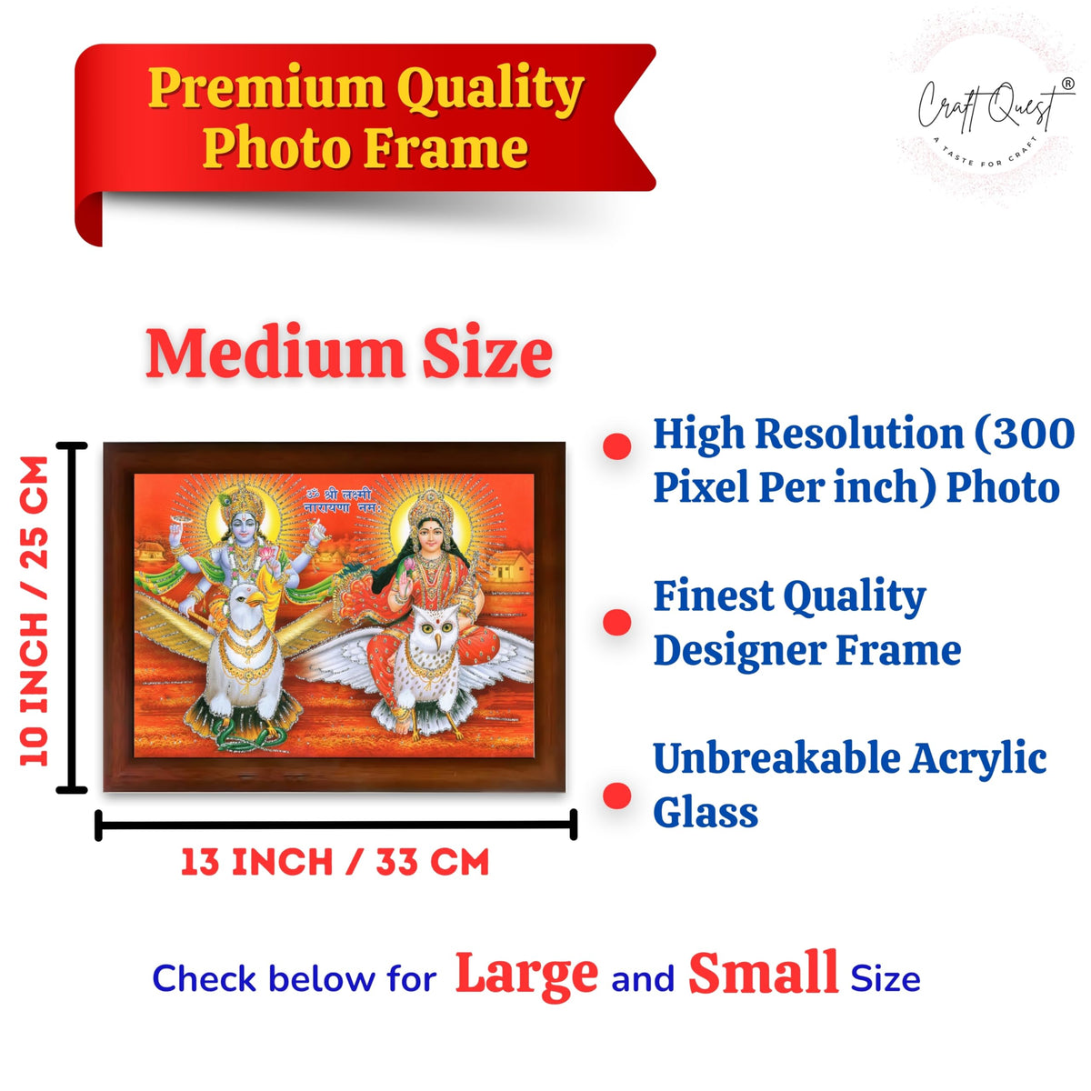 CRAFT QUEST Lord Vishnu and Goddess Lakshmi Giving Blessing on Garud Jii, Glitter Work Painting wooden frame