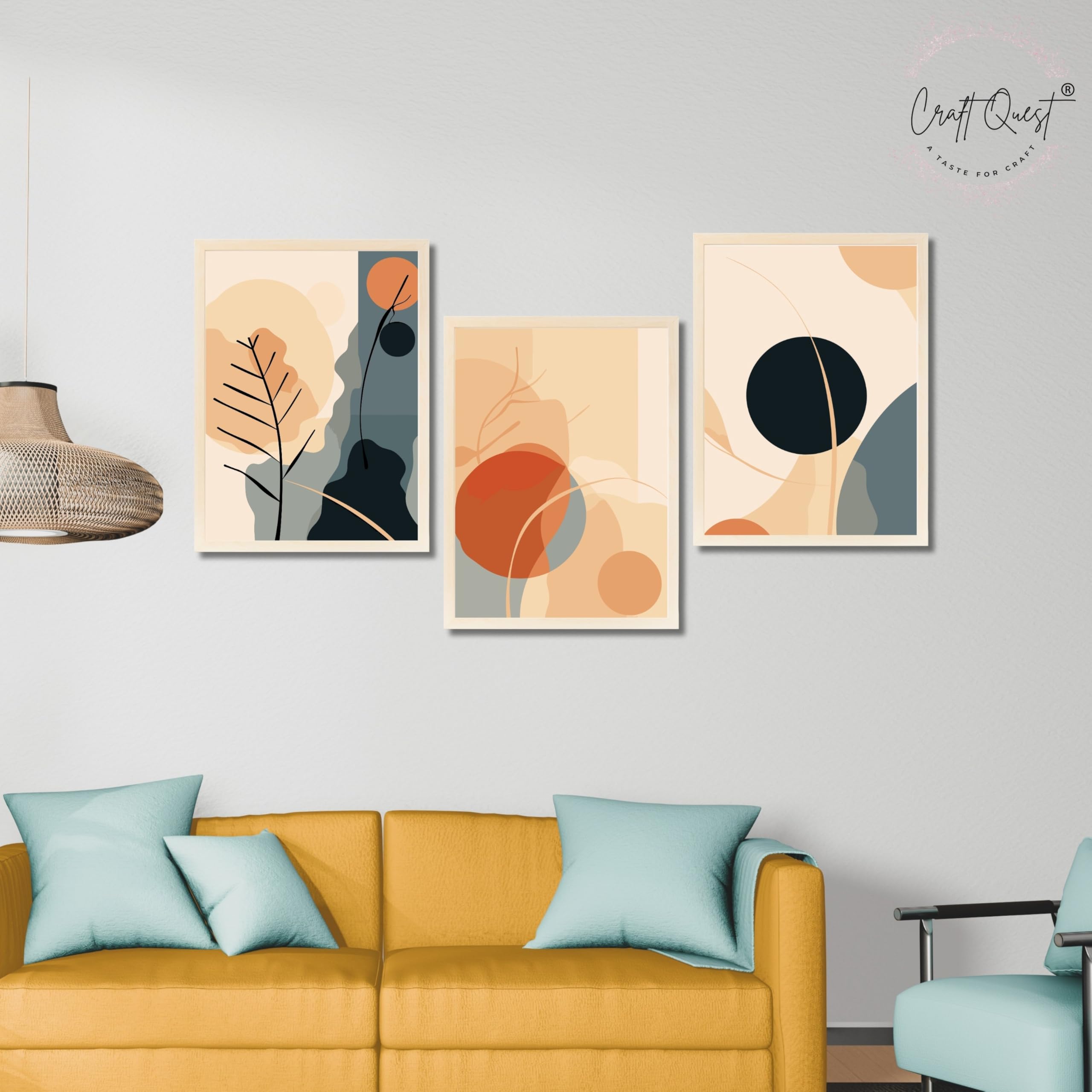 CRAFT QUEST Wall Art Decor Paintings | Set of 3 BOHO Wall Art Frames for Home Decoration | Ideal for Living Room, Officess & Bedrooms