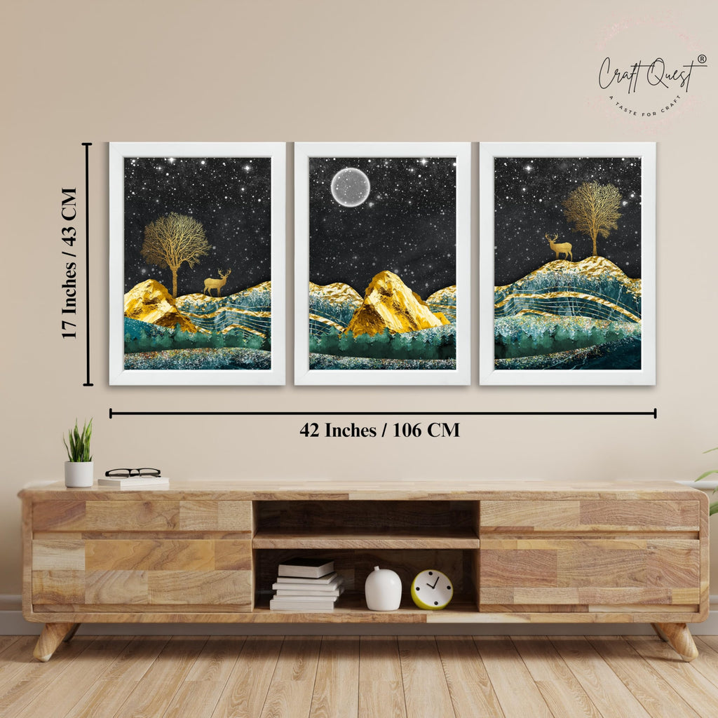 CRAFT QUEST Modern Art Landscape With Turquoise Mountains & Golden Trees Wall Art | Set of 3 Frames for Home Decoration | Ideal for Living Room, Bedroom & Offices