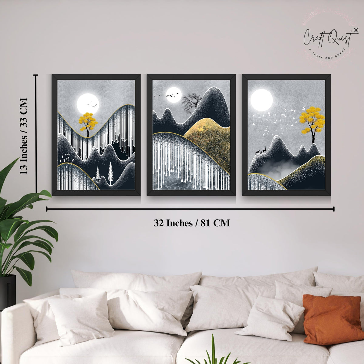 CRAFT QUEST Abstract Art Geometric Figures Decorative Murals | Set of 3 Frames for Home Decoration | Ideal for Living Room, Bedroom & Offices