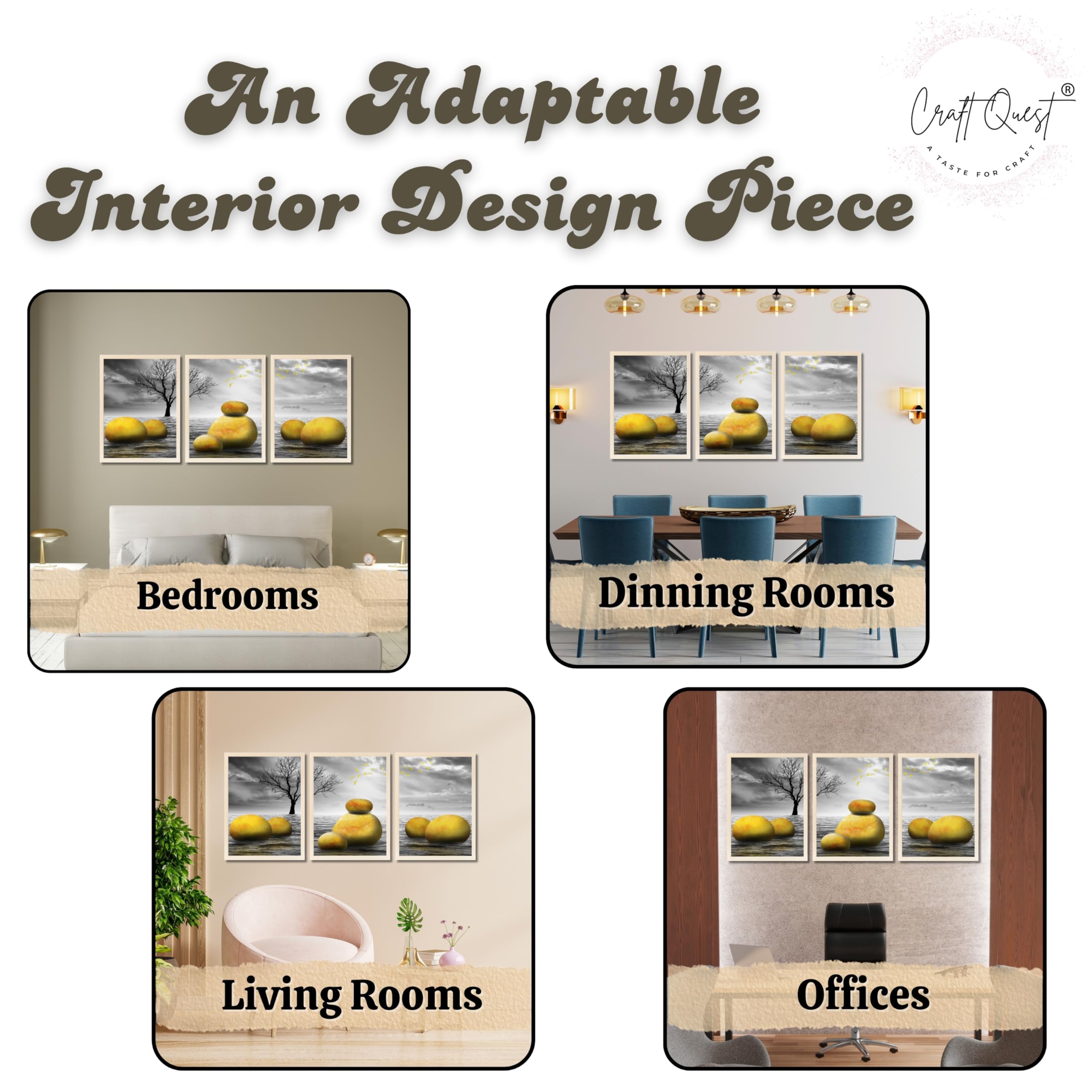 CRAFT QUEST Modern Abstract Golden Stone Art | Set of 3 Frames for Home Decoration | Ideal for Living Room, Bedroom & Offices