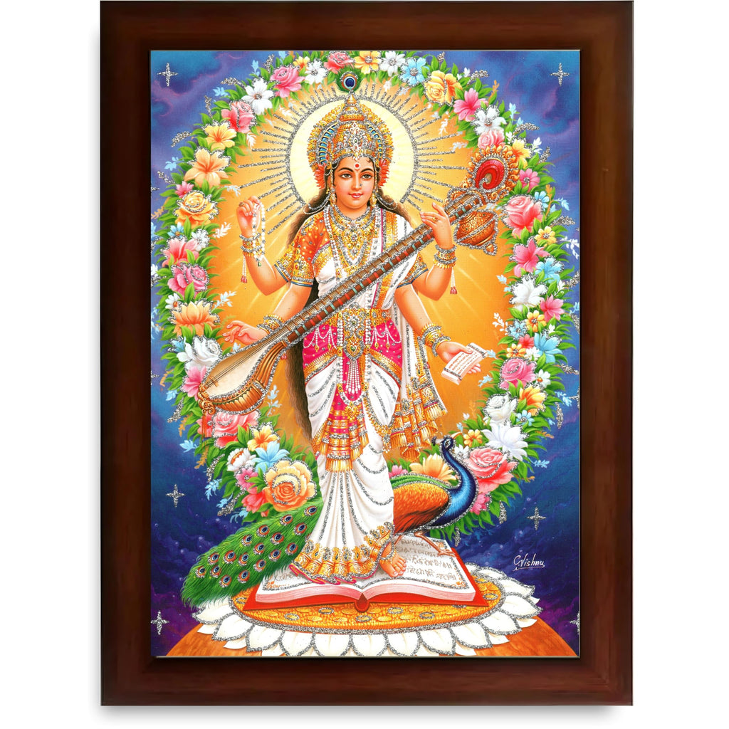 CRAFT QUEST Saraswati Devi Goddess Saraswati Maa Wall Painting Sparkle Coated Framed Home Decor wooden framed