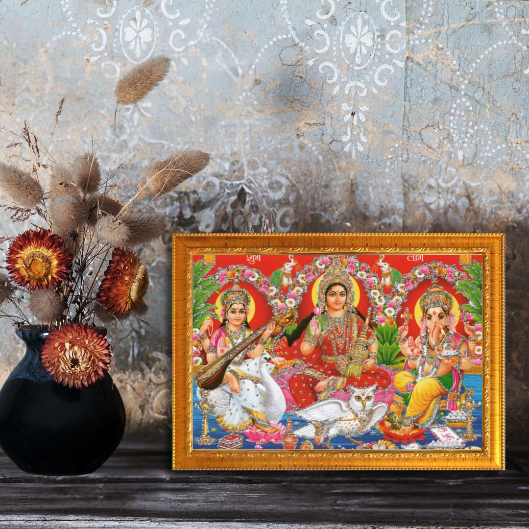 CRAFT QUEST Lakshmi Devi with ganesh ji and saraswati maa Wall Painting Frame Home Decor (Synthetic, Sparkle Finish, Golden, Small Size, 6 X 8 Inch)