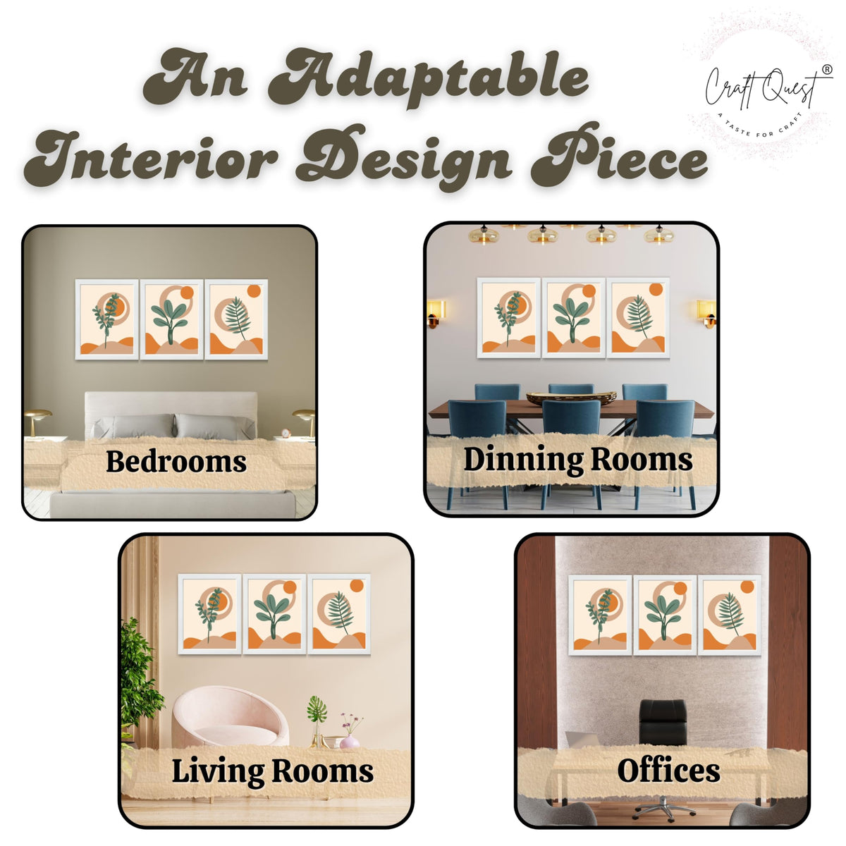 CRAFT QUEST Wall Art Decor Paintings | Set of 3 BOHO Wall Art Frames for Home Decoratio | Ideal for Living Room, Offices & Bedrooms