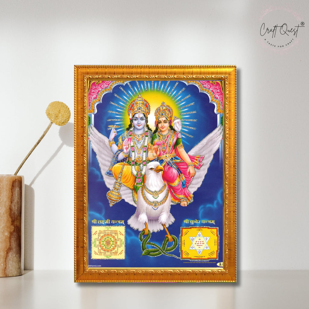 CRAFT QUEST Lord Vishnu and Goddess Lakshmi Giving Blessing on Garud, Glitter Work Painting