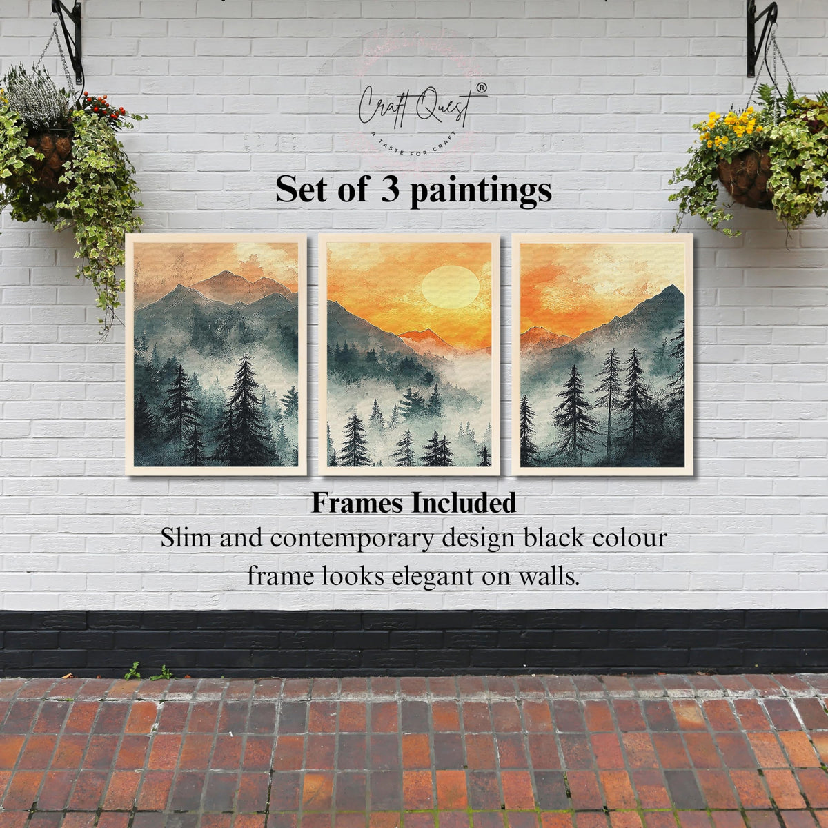 CRAFT QUEST Nature Inspired Paintings With Trees & Mountains Wall Art | Set of 3 Frames for Home Decoration | Ideal for Living Room, Bedroom & Office
