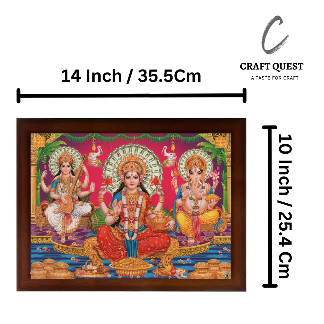 CRAFT QUEST Goddess Lakshmi Devi with ganesh ji and saraswati maa Wall Painting Frame Home Decor (Synthetic, Matte Finish, Brown, Large Size, 14 X 10 Inch)