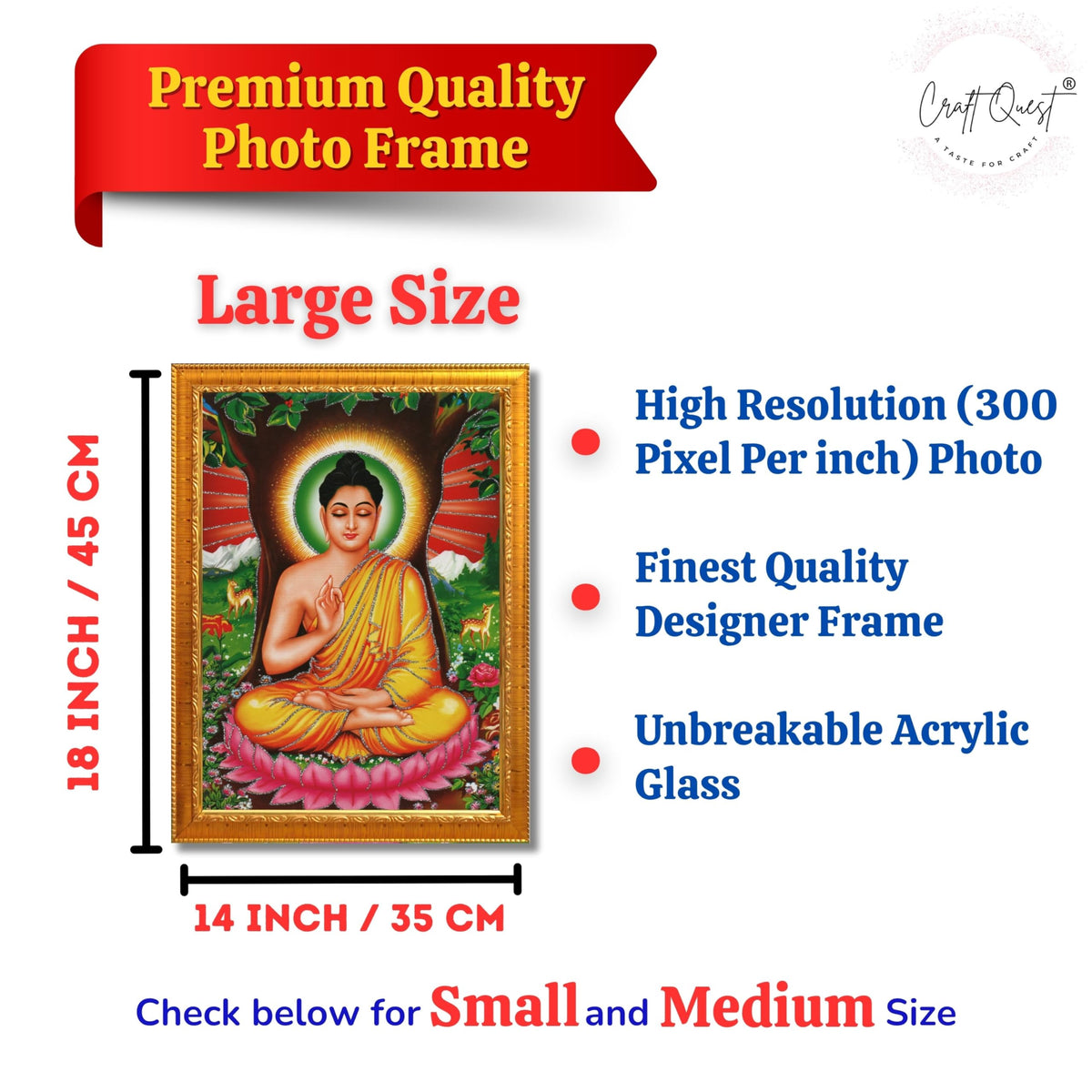 CRAFT QUEST Lord Buddha Photo Frame | Premium HD Spiritual Wall Frame | Peaceful Gautam Buddha Picture for Home Decor, Meditation