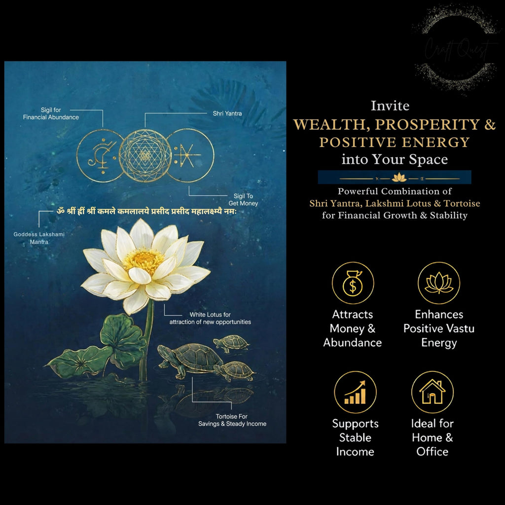 CRAFT QUEST Shree Yantra Wealth Attraction Wall Art with Lakshmi Lotus & Tortoise – Vastu Energy Poster for Prosperity, Money Flow & Stability Photo Frame for Home, Office (Golen, 10 X 13 Inches)