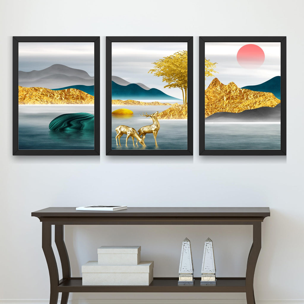 CRAFT QUEST Modern Art Landscapes Sanlian Abstract Wall Art | Set of 3 Frames for Home Decoration | Ideal for Living Room, Bedroom & Offices