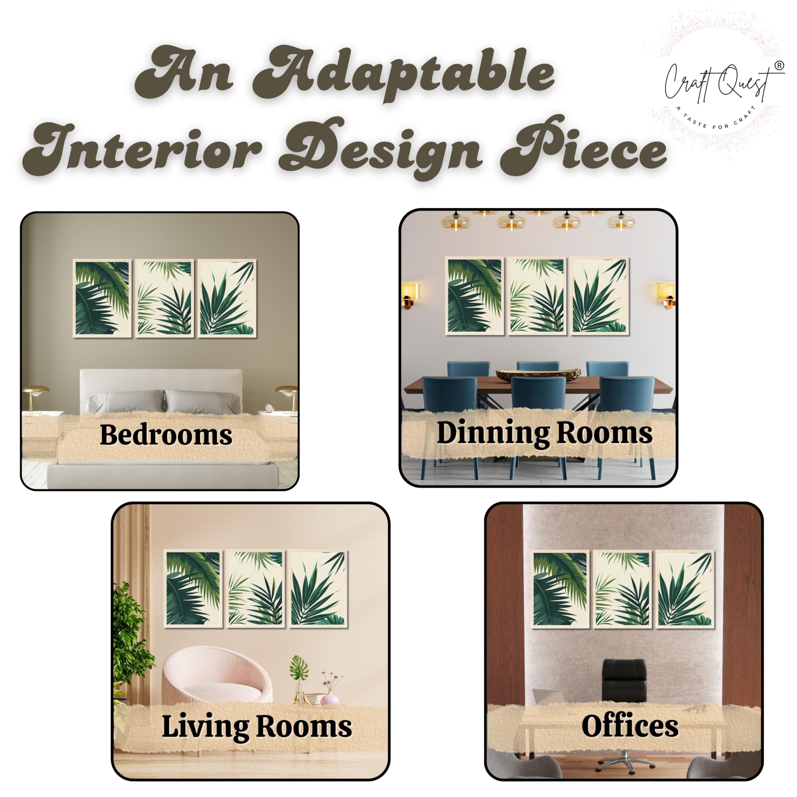 CRAFT QUEST Nature Inspired Tropical Palm Leaves Modern Wall Art | Set of 3 Frames for Home Decoration | Ideal for Living Room, Bedroom & Offices